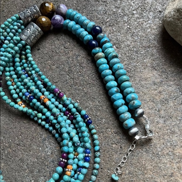 Sterling Silver Multi Strand Multi Stone Turquoise Bead Necklace. 30 inch - Picture 10 of 12